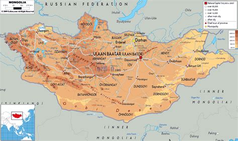 Large physical map of Mongolia with roads, cities and airports ...