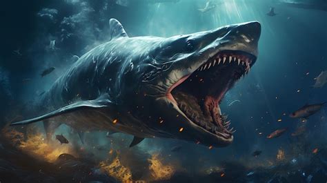 Premium AI Image | Megalodon shark in the water background Generative AI