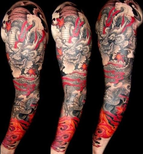 Black And Red Japanese Dragon Tattoo On Full Sleeve | Dragon sleeve ...