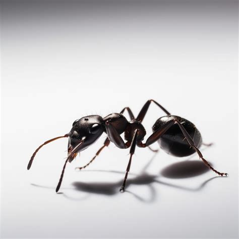 Premium Photo | A black ant is on a white surface with a shadow behind it.