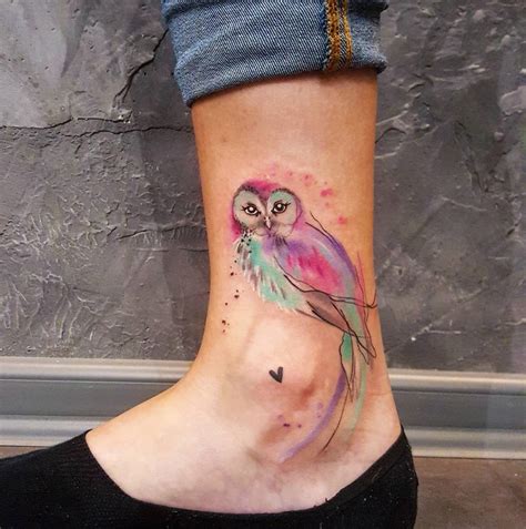 Small Owl Watercolor Piece on Girl's Ankle | Best tattoo design ideas