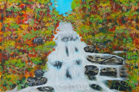 Canvas Oil Painting of Waterfall in Autumn Stock Illustration ...