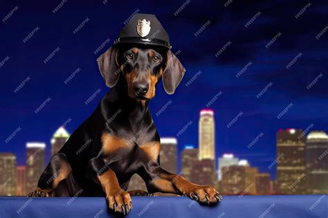 Premium AI Image | Brave Doberman with Police Hat in Night Cityscape