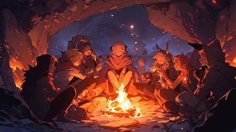 Premium AI Image | anime characters sitting around a campfire in a cave ...