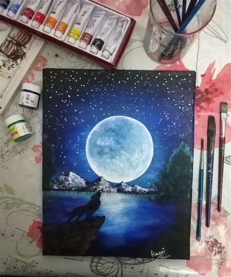 The wolf & her moon | Small canvas art, Moonlight painting, Wolf canvas ...