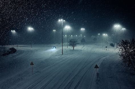 HD wallpaper: snow, road, night, winter, snowing, cold temperature ...