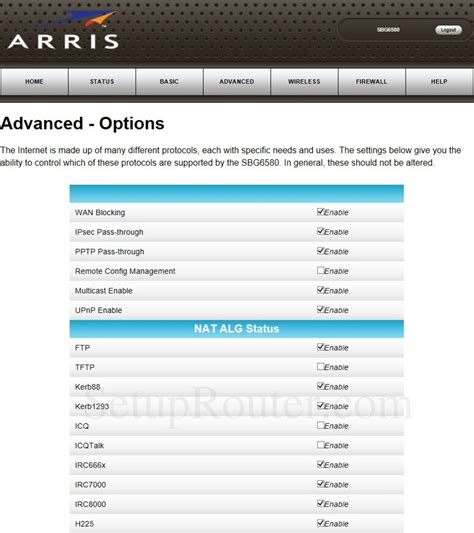 Arris SBG6580 Screenshot AdvancedOptions