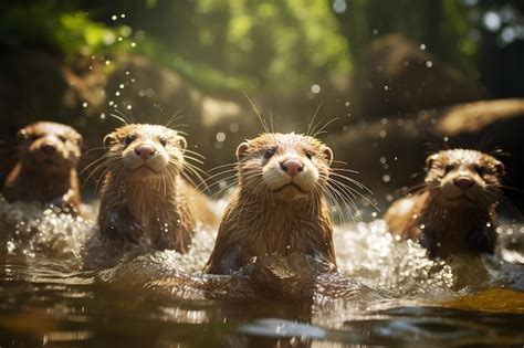 Premium AI Image | Group playful otters swimming in the river