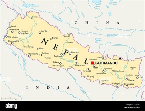 Nepal political map with capital Kathmandu, national borders, cities ...