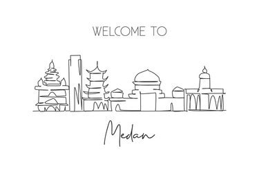 One continuous line drawing medan city skyline Vector Image