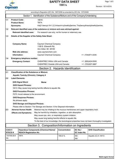 TBTA SAFETY DATA SHEET Section 2. Hazards Identification