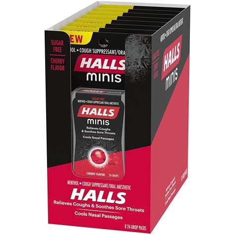 HALLS Minis Cherry Flavor Sugar Free Cough Drops, 8 Packs of 24 Drops ...