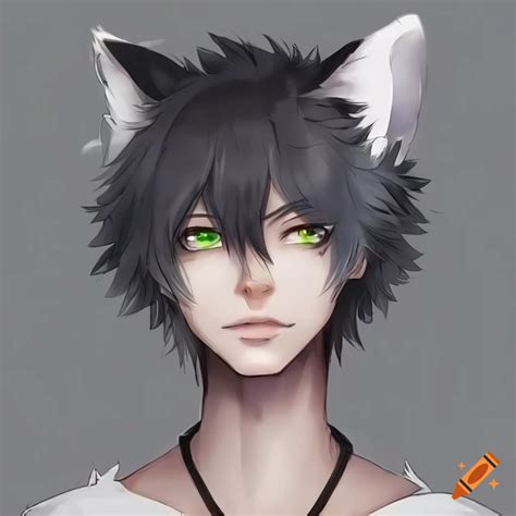 Anime male young adult furry with messy black hair and white dog ears ...