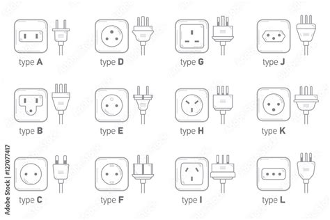 Electric outlet illustration on white background. Different type power ...