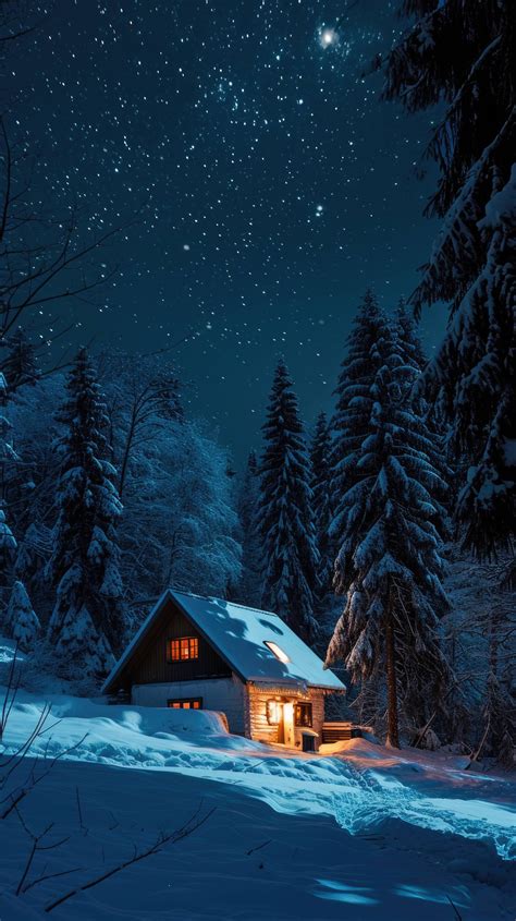 winter cabin night sky, snowy cabin under stars, peaceful winter night ...