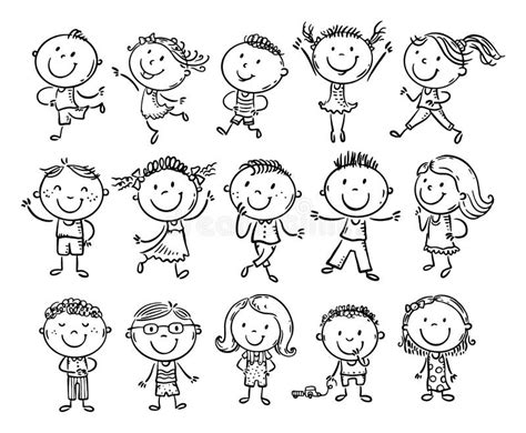 Set of Outline Stick Figure, Happy Kids Clipart Illustration Stock ...