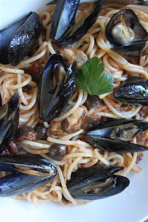 Mussel Pasta (Italian recipe with Olives and Tomatoes) - Christina's Cucina