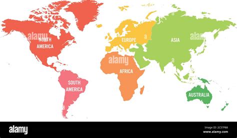 World map divided into six continents. Each continent in different ...