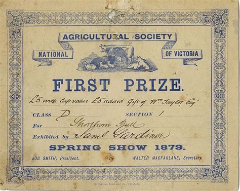 First Prize Certificate 1879