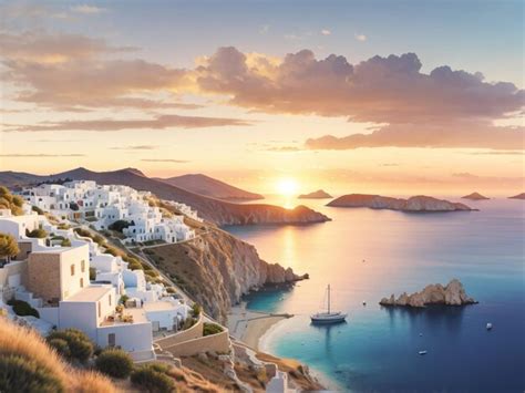 Premium AI Image | Golden Hour Magic Sunset View Above Milos Island Greece