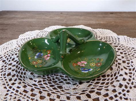 Vintage 40s Japanese Serving Dish Green 3 Part Relish Tray