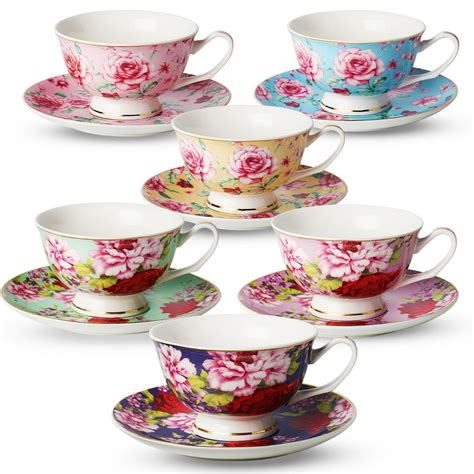 Tea Cup and Saucer Set of 6 (12 pieces), Floral Tea Cups, 8 Oz.Bone ...