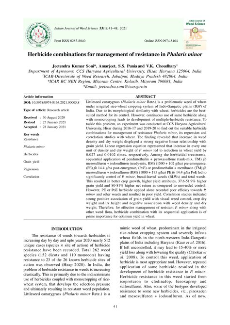 (PDF) Herbicide combinations for management of resistance in Phalaris minor