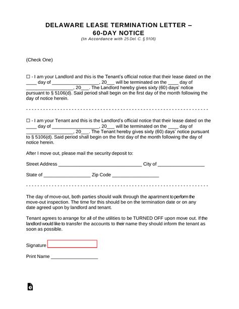 Free Delaware Lease Termination Letter Form - 60 Day Notice - PDF ...