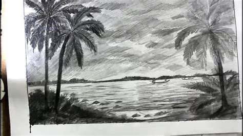 How To Draw a Beach with Pencil Step By Step/coconat tree beach drawing ...