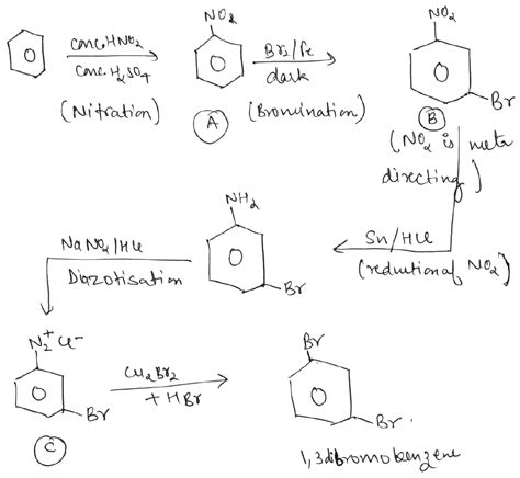 8. Benzene + ( HNO2 / conc. H2SO4) A + Br2/Fe (dark) B + Sn/HCl + NaNO2 ...