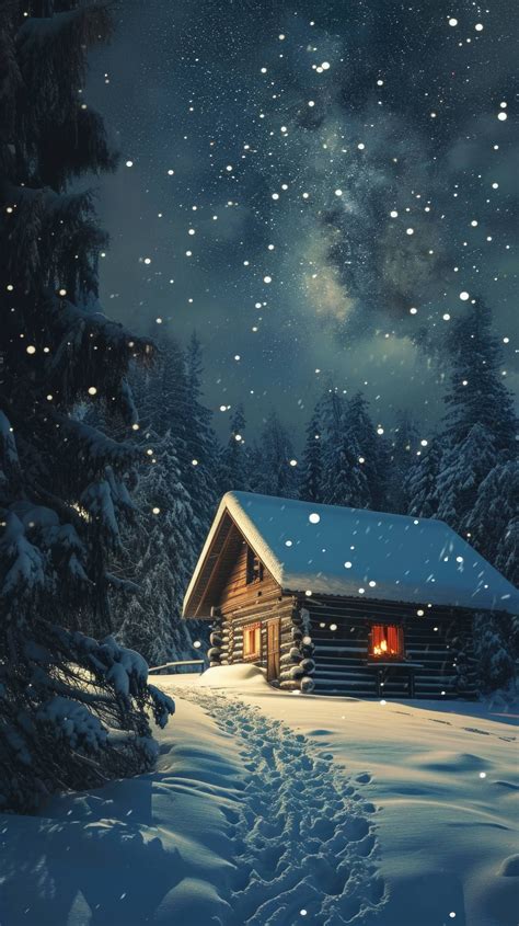 winter cabin night sky, snowy cabin under stars, peaceful winter night ...