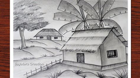 Pencil Drawing Of Village Scene For Kids