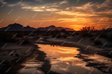 Premium AI Image | Desert mirage reflecting the colors of a sunset with ...