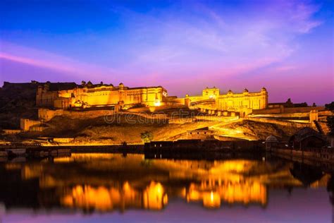 Amer Fort at Night in Twilight. Jaipur, Rajastan Stock Photo - Image of ...