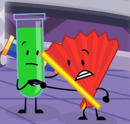 two cartoon characters are holding up a red and green object in front ...