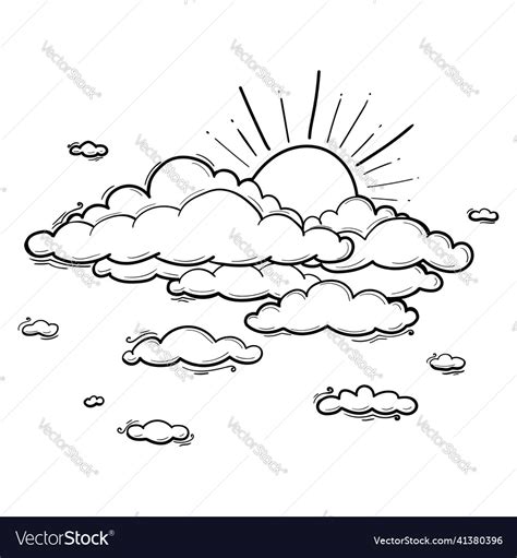 Sun and cloud drawing in engraving outline style Vector Image