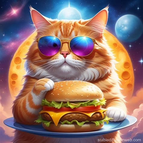 Cheeseburger-Loving Sunglasses-Wearing Fat Cat | Stable Diffusion Online