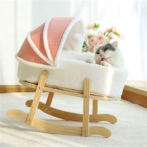 Pink Soft Plush Cat Cradle Bed Wooden Cat Swing Rocking Bed with ...