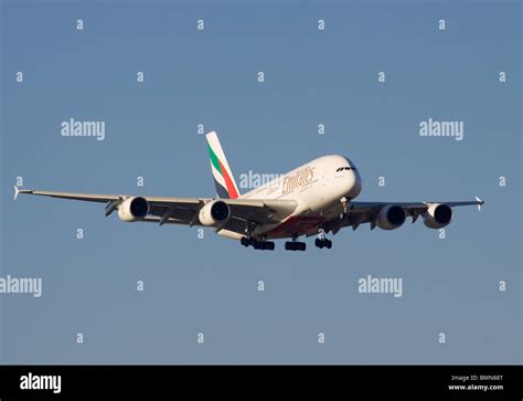 Emirates Airbus A380-861 landing at London Heathrow Stock Photo - Alamy