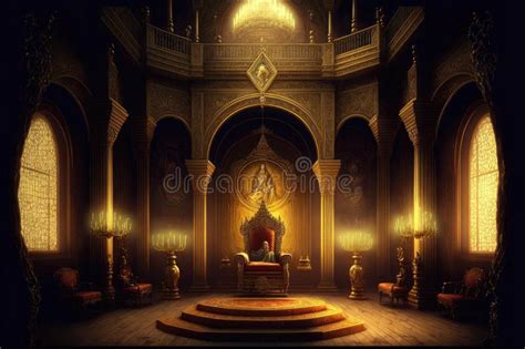 A Golden Filigree Throne Room in a Medieval Castle King Sitting on the ...