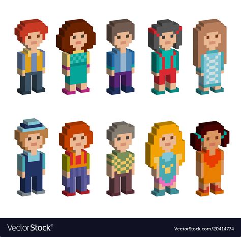 Set of cute pixel art style isometric characters Vector Image