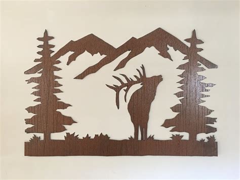 Elk metal wall art. Rustic animal artwork. Mountains Trees Forest ...