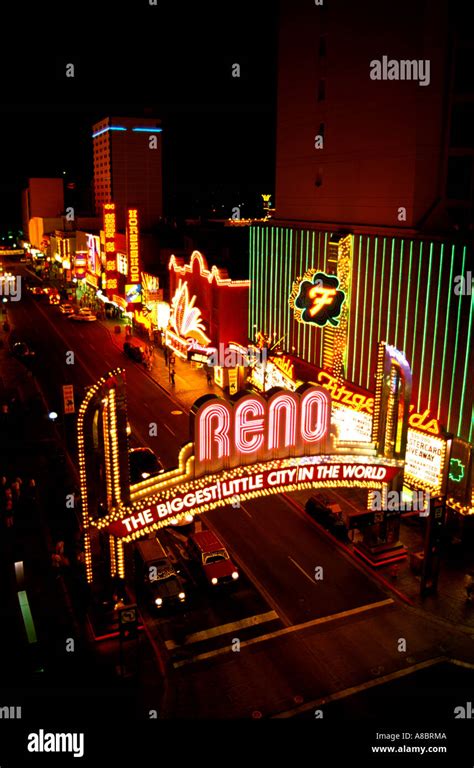 Nevada Reno noted sign on Virginia Street downtown at night Stock Photo ...