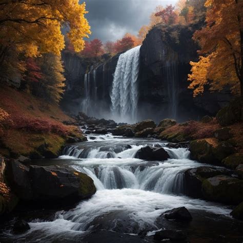 Premium AI Image | Autumn scenery with waterfall