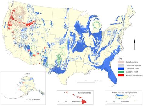 Map of karst geology in the United States, with the most common types ...