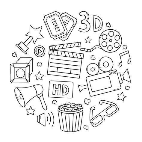 Cinema, film doodle set. Movie elements in sketch style. Camera, film ...