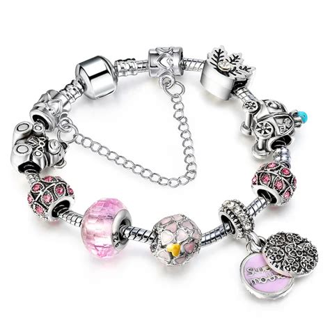 Vintage Silver Charm pandora bracelet femme for women Handmade pink ...