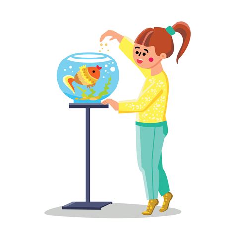 Little Girl Feed Fish In Fishbowl Aquarium Vector 17290958 Vector Art ...