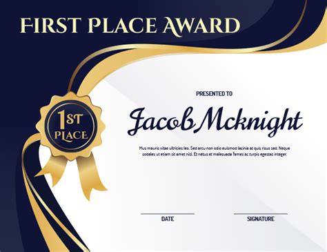 Printable First Place Ribbon Award Certificate Template