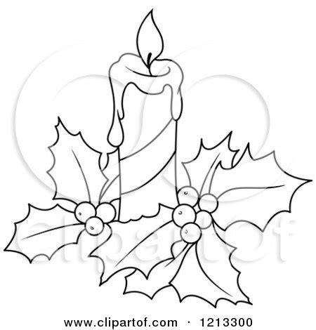 Clipart of a Black and White Christmas Candle and Holly - Royalty Free ...